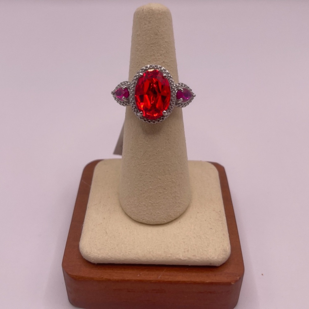 Simulated Ruby Rhinestone Ring - Silver Toned Victorian Setting Stainless Steel